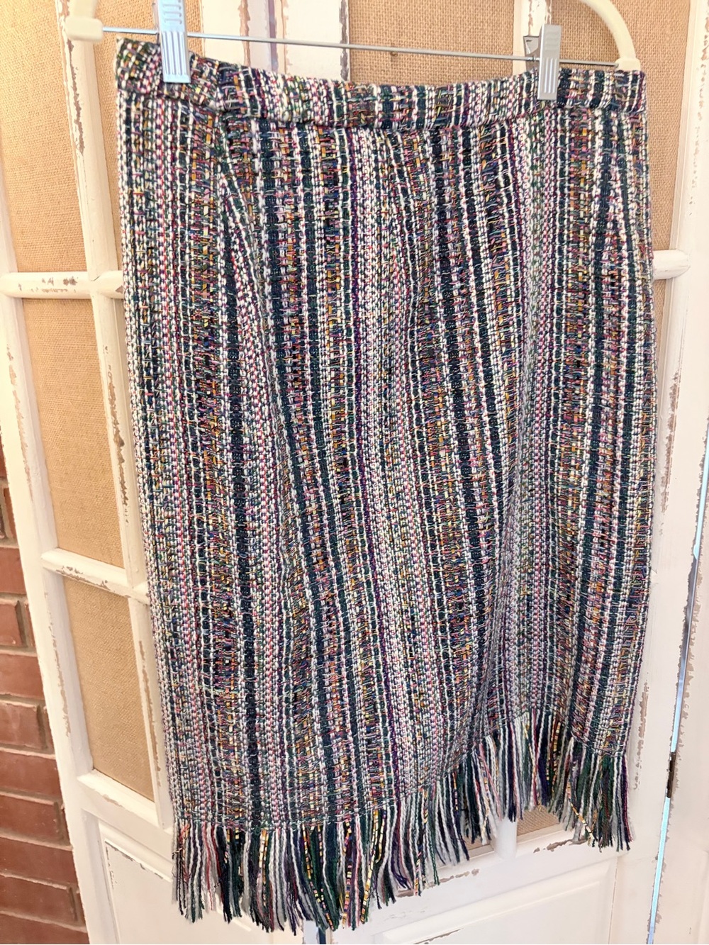 Maeve Anthropologie Tweed Fringe Hem Midi Pencil Skirt Size 10 Multi Stripe